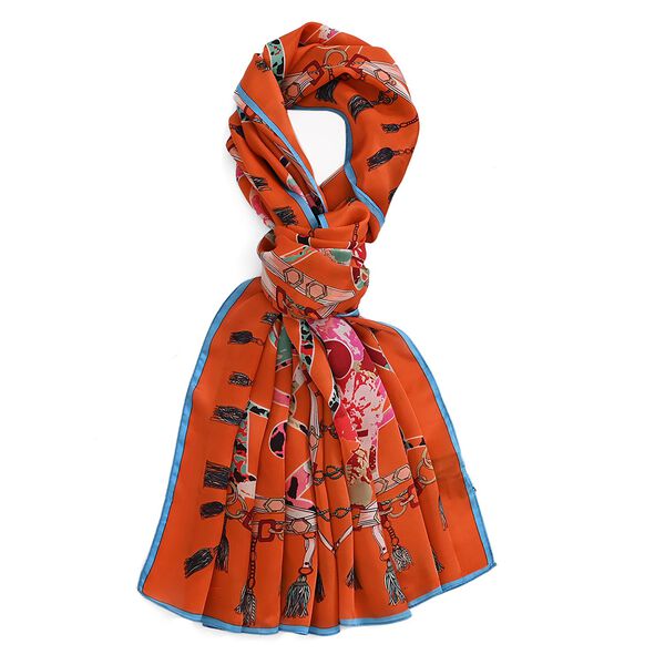  LA MAREY signature 100% silk scarf65*170cmweight:40gcolor: orange based with floral patternsMaterial:100% Mulberry silk image number 5