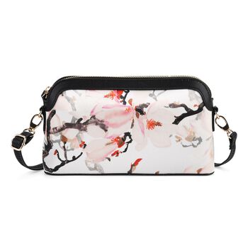 LA MAREY Crossbody Tasche aus 80% Seidenbrokat und 20% Echtleder, Blumenmuster, 24x5.5x14cm, Grau-rosa