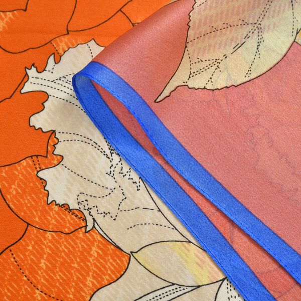 LA MAREY - Seidenschal aus 100% Maulbeerseide, blau-orangene Blumenmuster image number 4