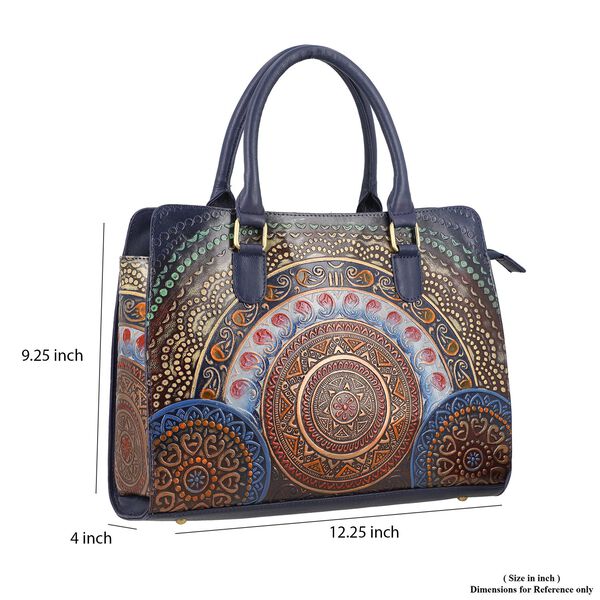 Handbemalte Satchel-Tasche aus 100% Echtleder mit kunstvoller Prägung und Mandala-Design, 31x10x23cm, Blau-Braun image number 8