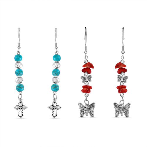 Blauer Howlit, Rote Koralle Schmuckset Reiner Edelstahl Schwarz oxidiert und Legierung Schwarz oxidiert ca. 75.00 ct image number 0