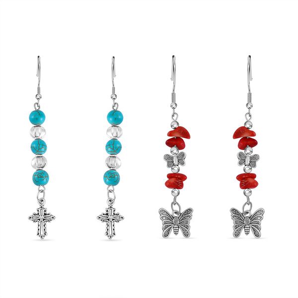 Blauer Howlit, Rote Koralle Schmuckset Reiner Edelstahl Schwarz oxidiert und Legierung Schwarz oxidiert ca. 75.00 ct