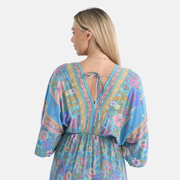 Maxikleid mit Blumenmuster, V-Ausschnitt, elastischer Taille und R&uuml;ckenschleife, 38&times;135 cm, Blau image number 5