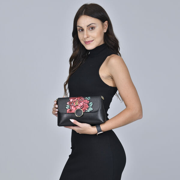 Umh&auml;ngetasche aus 100% echtem Leder, Pfingstrosen-Muster, Gr&ouml;&szlig;e 25x7x15 cm, Schwarz image number 2