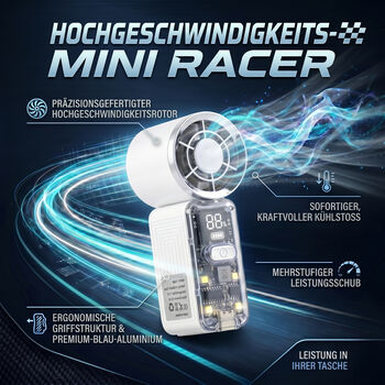 LIVMORE High Speed Mini Taschenventilator mit LED Licht, 3000 mAh Akku, 6 Geschwindigkeitsstufen, Wei&szlig;