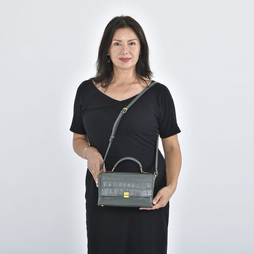 Cabrio Handtasche mit Krokoprägung aus echtem Leder, 25x8x15 cm, Dunkelgrün image number 1