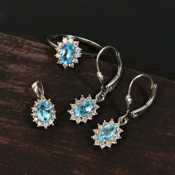 Schweizer Blautopas-Ring, Anhänger und Ohrringe, 925 Silber platiniert ca. 2,90 ct image number 2