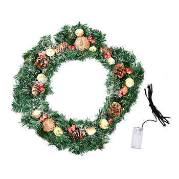 Weihnachtskranz mit Pilz/ Blumen/ Tannenzapfen und LED Lichterkette, Durchmesser 45 cm, 2xAA Batterie (nicht inkl.), Mehrfarbig