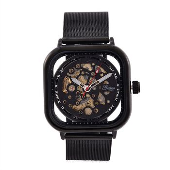 GENOA TIME V2 42mm Automatische Mechanikuhr - Schwarzes hohles Zifferblatt, Geh&auml;use aus Legierung mit IPS-Beschichtung, Edelstahl-Mesh-Armband, 3 ATM wasserdicht, 8.5 cm, schwarz