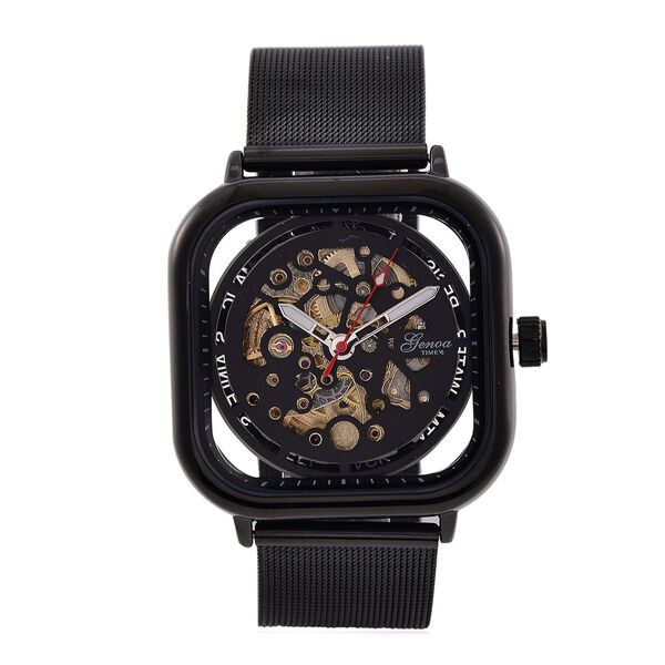 GENOA TIME V2 42mm Automatische Mechanikuhr - Schwarzes hohles Zifferblatt, Geh&auml;use aus Legierung mit IPS-Beschichtung, Edelstahl-Mesh-Armband, 3 ATM wasserdicht, 8.5 cm, schwarz