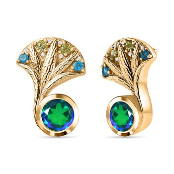 Pfau Quarz Triplette, Peridot Ohrringe 925 Silber Gelbgold Vermeil ca. 3,62 ct.