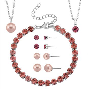 Rosa Muschelkernperle (8-12 mm), Rosa Kristall Schmuckset 316L Edelstahl, Nickelfreies Messing