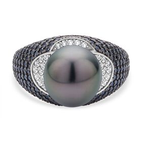 Tahiti-Perle, weißer Zirkon und schwarzer Spinell-Ring, 10-11 mm - 1,17 ct.