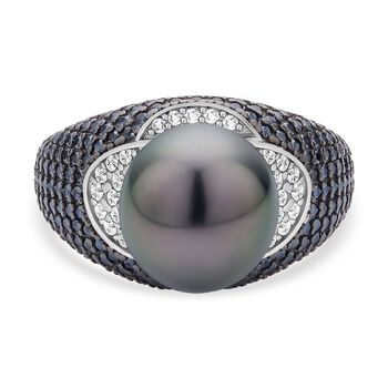 Tahiti-Perle, wei&szlig;er Zirkon und schwarzer Spinell-Ring, 10-11 mm - 1,17 ct.