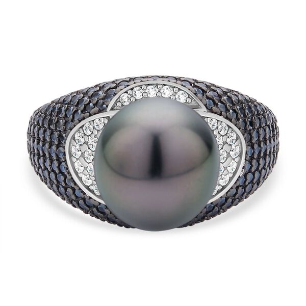 Tahiti-Perle, wei&szlig;er Zirkon und schwarzer Spinell-Ring, 10-11 mm - 1,17 ct. image number 0