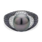 Tahiti Perle, Schwarzer Spinel, Weißer Zirkon Ring 925 Silber rhodiniert (Größe 16.00)