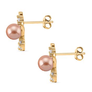 Pfirsich Muschelperle (5-7 mm), Wei&szlig;es Perlmutt Ohrringe, Nickelfreies Messing, golfarben