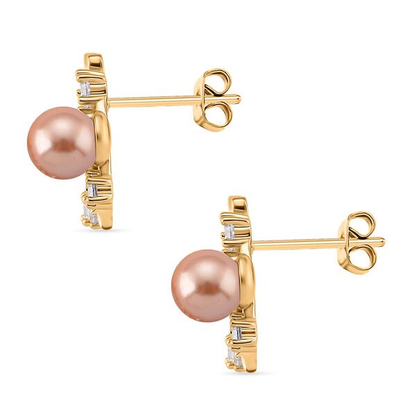 Pfirsich Muschelperle (5-7 mm), Wei&szlig;es Perlmutt Ohrringe, Nickelfreies Messing, golfarben image number 4