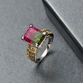 D’joy Wassermelonen Quarz Triplette Ring 925 Silber platiniert und vergoldet (Größe 18.00) ca. 6,91 ct