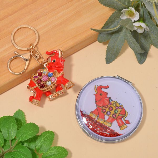 2er Set - Mehrfarbiger Kristall, Elefant-Set: Schl&uuml;sselanh&auml;nger und Spiegel, emailliert, goldfarben image number 2