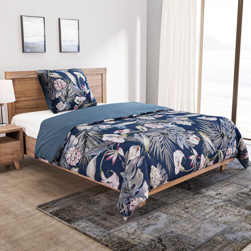 2er-Set Bett- und Kissenbezug, Größe 135x200 cm und 80x80 cm, Blatt- und Blumenmuster, Blau image number 0