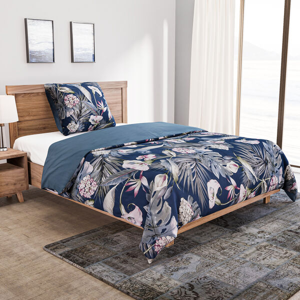 2er-Set Bett- und Kissenbezug, Größe 135x200 cm und 80x80 cm, Blatt- und Blumenmuster, Blau image number 0
