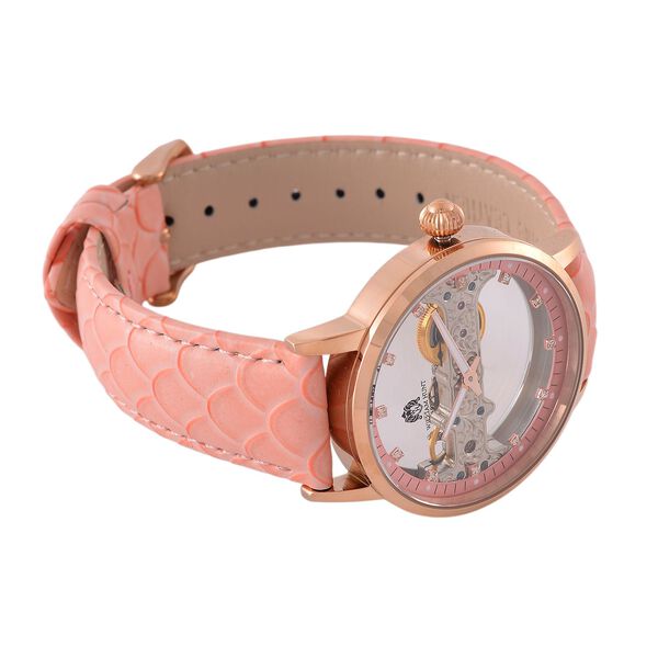 William Hunt Automatik-Uhr, Hohles Zifferblatt mit wei&szlig;en Kristallen, rosa Lederarmband, 5ATM wasserdicht image number 5