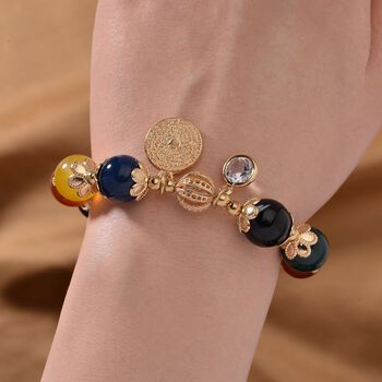 Mehrfarbiger Achat, Wei&szlig;er Kristall Armband Flexibles Legierung Gelbes Gold