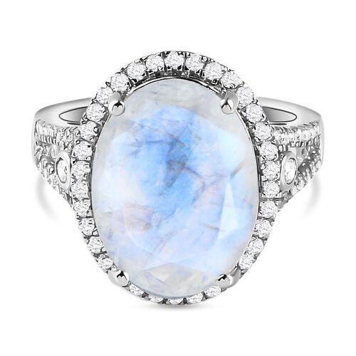 Premium Regenbogen Mondstein und weißer Zirkon-Ring, 925 Silber platiniert (Größe 19.00) ca. 9.10 ct image number 0