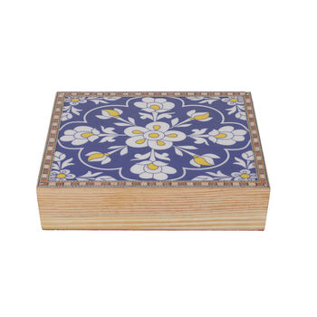 Handbemalte Aufbewahrungsbox aus Kiefernholz, 22x16x5 cm, Blumenmuster, Blau