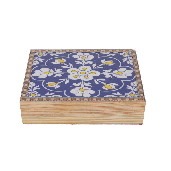Handbemalte Aufbewahrungsbox aus Kiefernholz, 22x16x5 cm, Blumenmuster, Blau