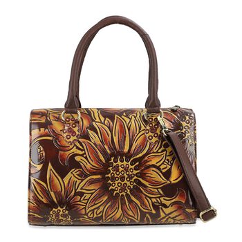 Handbemalte Leder Crossbody Tasche, 31.9 x 6.35 x 19.4 cm, Braun