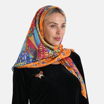 LA MAREY Seiden-Foulard aus 100% Maulbeerseide und Schmetterling-Seidenbrokat-Brosche, 110x110 cm, Safranorange