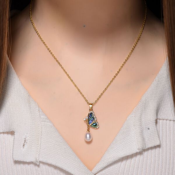 Weiße Süßwasser Perle, Weißer Zirkonia Schmuckset, Nickelfreies Messing gelb vergoldet image number 2