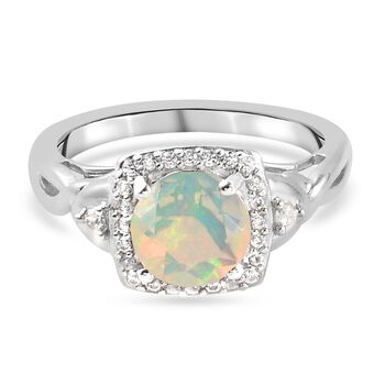 Nat&uuml;rlicher &Auml;thiopischer Opal und Zirkon Halo Ring 925 Silber Platin-&Uuml;berzug (Gr&ouml;&szlig;e 16.00) ca. 0,91 ct