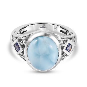 Larimar und Tansanit Solit&auml;r Ring 925 Silber platiniert (Gr&ouml;&szlig;e 16.00) ca. 5,19 ct