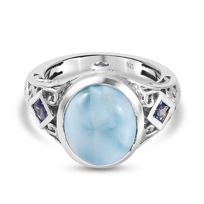 Larimar und Tansanit Solitär Ring 925 Silber platiniert (Größe 16.00) ca. 5,19 ct