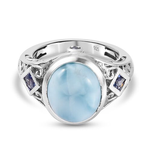Larimar und Tansanit Solitär Ring 925 Silber Platin-Überzug image number 0