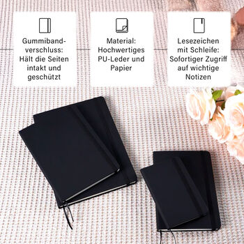 4-teiliges Notizbuch-Set mit Gummibandverschluss, Kunstleder und Papier, verschiedene Gr&ouml;&szlig;en, Schwarz