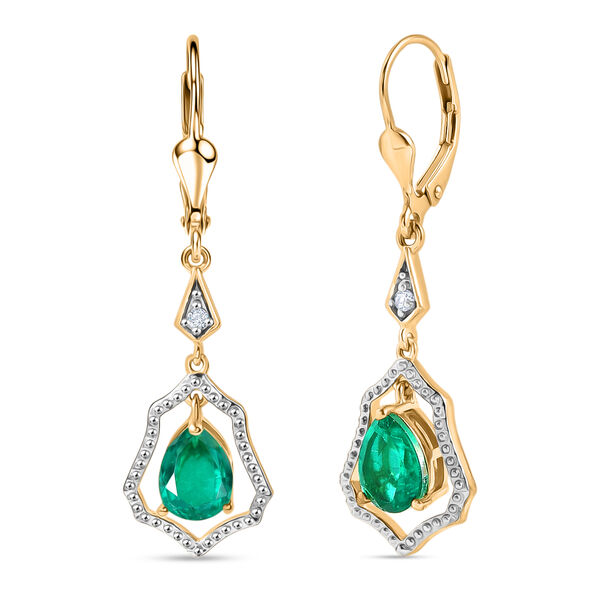 D'Joy Smaragd-Quarz Triplette, Wei&szlig;er Zirkon Ohrringe 925 Silber 750 Gelb Vergoldet ca. 2,70 ct.