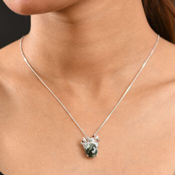 Viktorianische Bl&uuml;te - Sibirischer Seraphinite, Roter Granat Anh&auml;nger mit Kette ca. 50 cm, 925 Silber platiniert ca. 5.08 ct