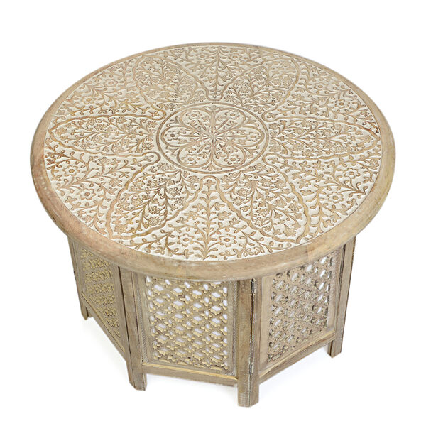 NAKKASHI - handgeschnitzter, klappbarer Couchtisch aus Mangoholz, wei&szlig; lackiert image number 2