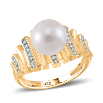 Wei&szlig;e Edison Perle (ca. 10-11mm), Wei&szlig;er Zirkon Ring 925 Silber, Gelbgold vermeil (Gr&ouml;&szlig;e 16.00)