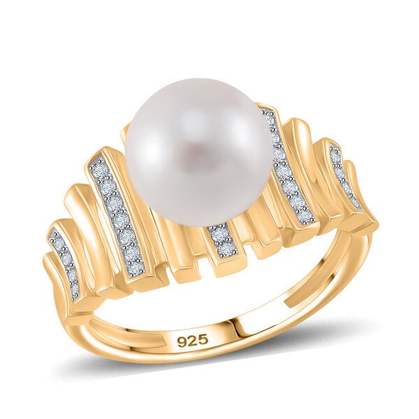 Wei&szlig;e Edison Perle (ca. 10-11mm), Wei&szlig;er Zirkon Ring 925 Silber, Gelbgold vermeil (Gr&ouml;&szlig;e 16.00)