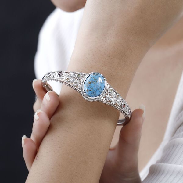 Blaues Türkis, Roter Granat Armreif ca. 19 cm Reines Messing platiniert ca. 16,08 ct. image number 3