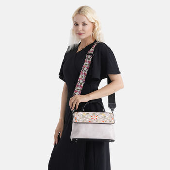 Florale Kunstprint Crossbody-Tasche mit gemustertem Schulterriemen, 29 x 11 x 21 cm, Offwhite