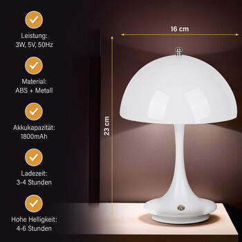 Kabellose Retro Pilz- Designerlampe  mit 3 Lichteinstellungen, wei&szlig;