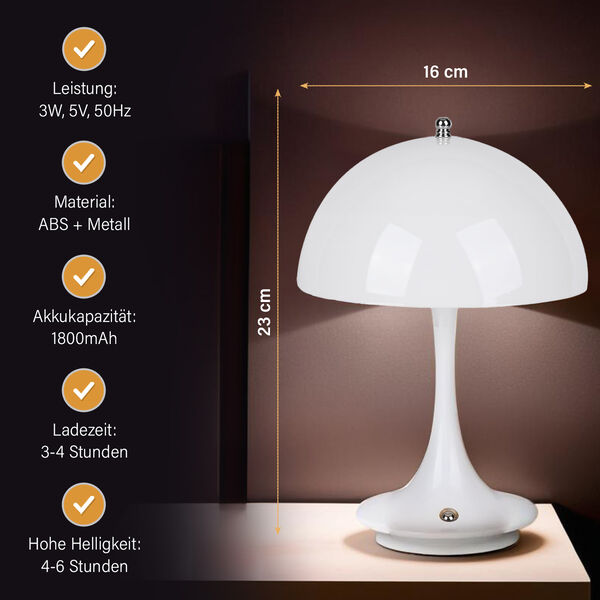 Kabellose Retro Pilz- Designerlampe  mit 3 Lichteinstellungen, wei&szlig; image number 3