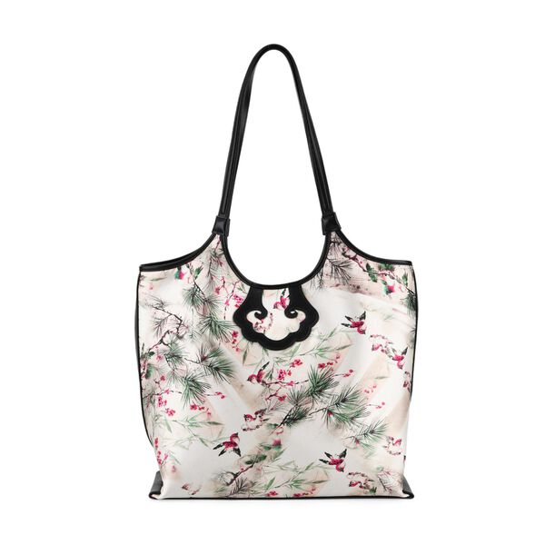 LA MAREY Brokat Handtasche aus Seide und Echtleder, 34x35x11,5cm, Wei&szlig; mit lila Blumen