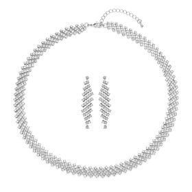 Weiße Kristall-Halskette und Ohrringe in Silberton - 12 ct.